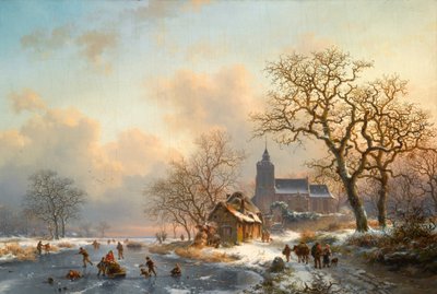 Eine Winterlandschaft mit Schlittschuhläufern auf einem zugefrorenen Fluss von Fredrik Marinus Kruseman